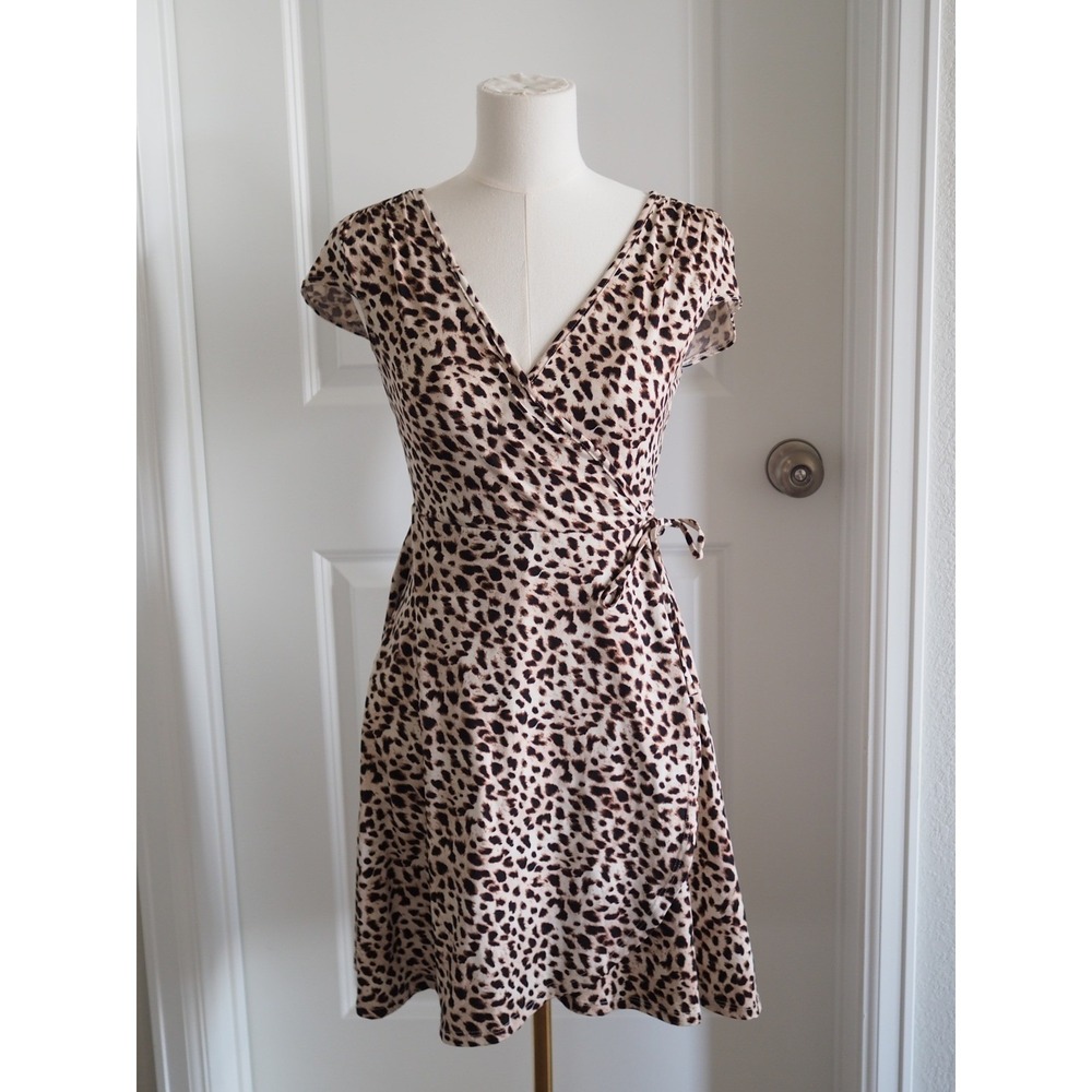 Leopard Print Faux Wrap Tan Black Dress Mob Wife Office Siren Small Excellent